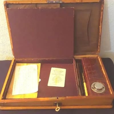 Antique Writing Box with Inkwell and Stationery Compartments
