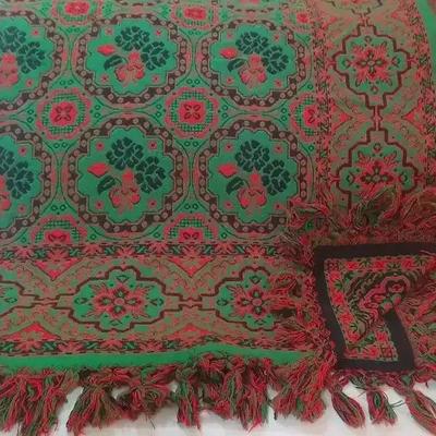 Jacquard Woven Coverlet in Red, Green & Black with Fringe Edges