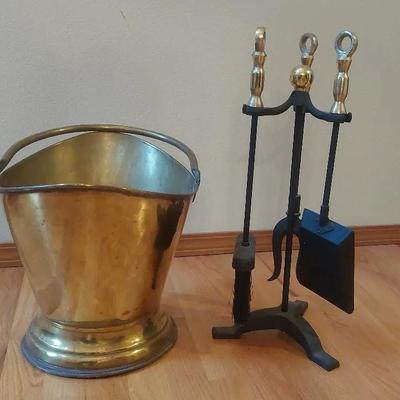 Vintage Brass SW Farber New York  Coal Scuttle & Compact Fireplace Tool Set
