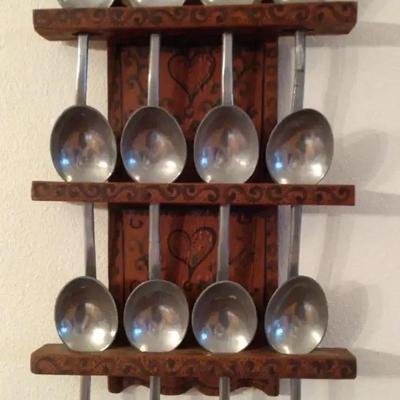 Mid-20th Century Scandinavian Pewter Ladle Set on Hand-Painted Wooden Rack