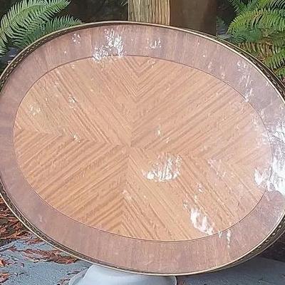 Oval Wood Inlay Serving Tray with Brass Rim
