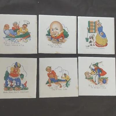 Set of 6 Vintage Nursery Rhyme Ceramic Tiles – Made in USA
