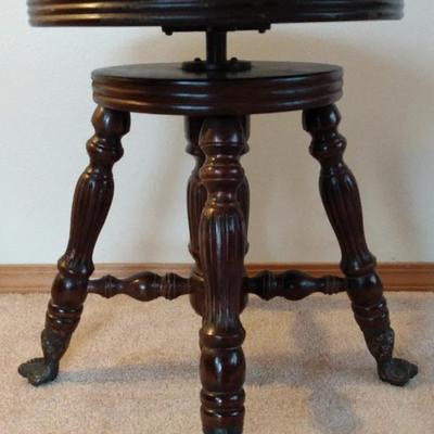 Late 19th Century Adjustable Piano Stool with Glass Ball and Claw Feet (c. 1880s–1900s)
