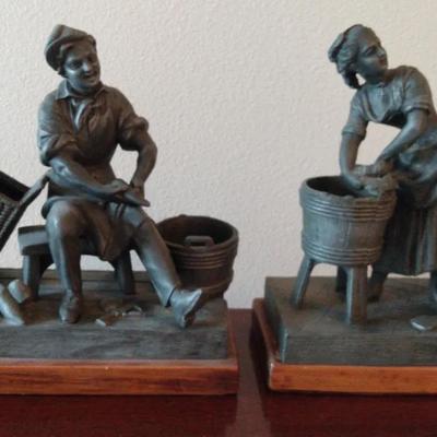 Mid-20th Century Cast Metal Figurine Pair – Washerwoman & Cobbler on Wood Bases