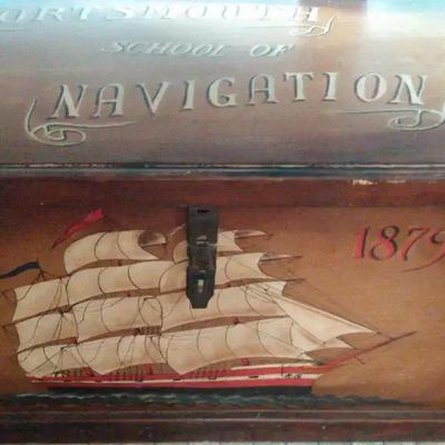 “Portsmouth School of Navigation” Nautical Storage Chest – Hand-Painted 1879 Ship Motif
