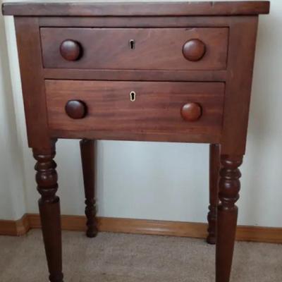 Antique Solid Wood Two-Drawer Table with Turned Legs (Mid-19th Century)
