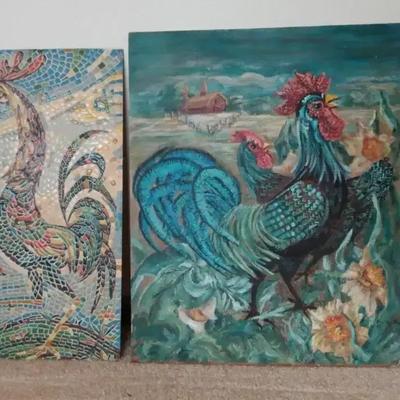 Pair of Rooster Art Pieces – Mosaic & Oil Painting
