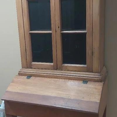 Pine Secretary Desk with Glass Hutch Cabinet (Early 20th Century)