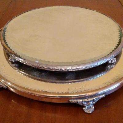 Silver Plate Mirrored Plateau Stands – Ornate Footed Design (c. 1940s–1950s)