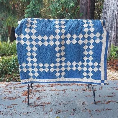 Vintage Blue & White “Irish Chain” Quilt & Rack 
