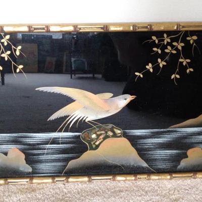Asian Reverse Glass Painting with Bird & Mother-of-Pearl Inlay – Bamboo Frame
