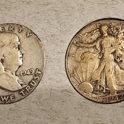 1942 Walking Liberty Half Dollar & 1949 Franklin Half Dollar