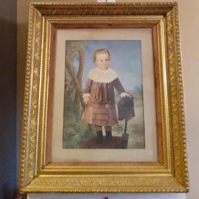 Antique Hand-Colored Portrait of a Child in Ornate Gilt Frame – 19th Century
