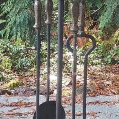 Cast Iron Fireplace Tool Set – 4 Pieces with Ornate Stand (c. 1910s–1930s)