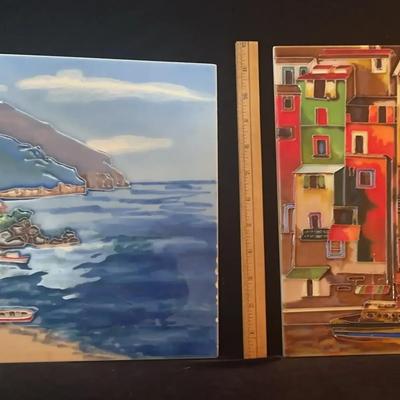 Signed Italian Ceramic Relief Art Tiles by Marcello – Coastal & Village Scenes (1970)
