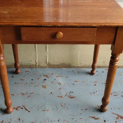 Vintage Solid Wood Table with Turned Legs and Single Drawer (c. 1940s–1950s)
