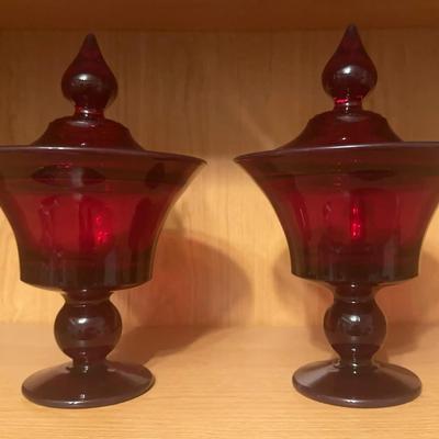 Pair of Vintage Ruby Red Glass Covered Compotes