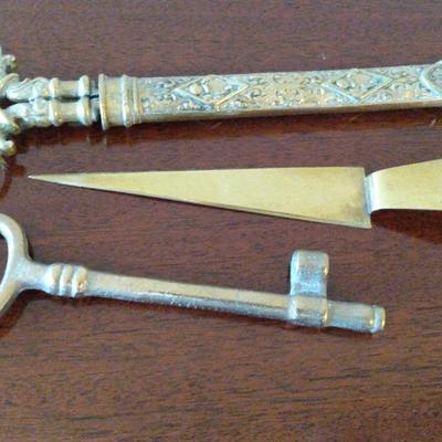 Brass Desk Accessories – Ornate Scissors, Letter Opener & Decorative Key (c. 1940s–1960s)