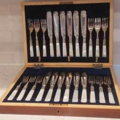 Mother of Pearl Handled Silver Plated Flatware Set Victorian Era/1880-1910