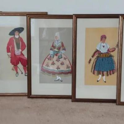 French Costume Studies – Framed Folk Dress Prints (c. 1940s–1950s)