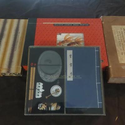 Asian Art & Calligraphy Lot – Brush Painting, Calligraphy Set, and Decorative Paper Books
