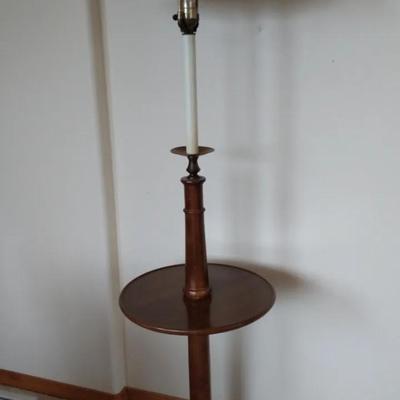 Mid-Century Walnut Floor Lamp with Tray Table and Black Shade (c.1950s–1960s)
