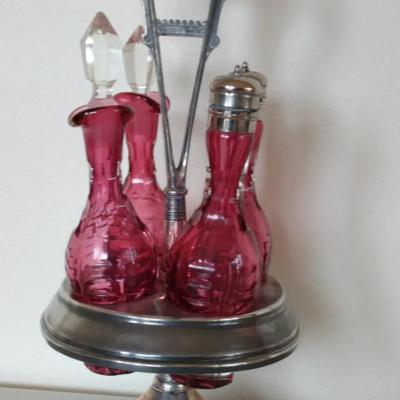 Antique Cranberry Glass Castor Set with Silver-Plated Stand
