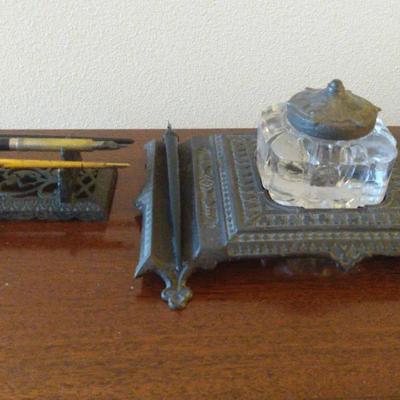 Cast Iron & Glass Inkwell Desk Set with Pen Holder – Victorian Era (c. 1880s–1900s)