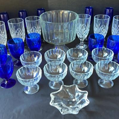 Dessert Glasses by Coretto Italy, Blue Glass Goblets & French Flower Bowl