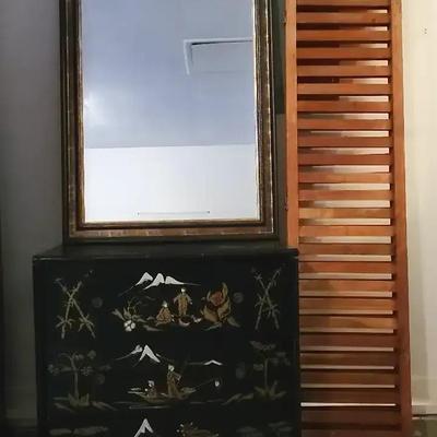 Asian-Inspired Three-Drawer Chest with Mirror and Wooden Tri-Fold Screen