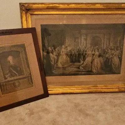 Pair of Antique Framed Engravings — Elegant Gathering & Portrait of Gentleman