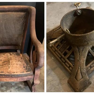 Antique Rocking Chair & Heavy Metal Tree Stand