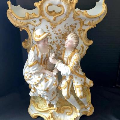 Dresden-Style Porcelain Courting Couple Vase with Gold Accents