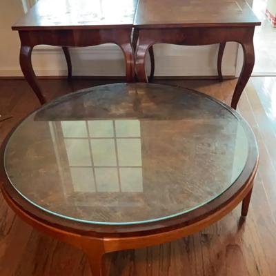 Lane Round Glass-Top Coffee Table & Pair of Italian Wooden End Tables