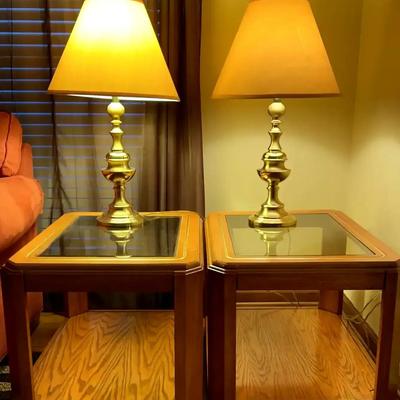 Pair of Oak End Tables with Brass Inlay Glass Tops & Matching Brass-Finish Lamps