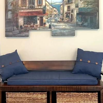 Ashley Signature Design Solid Wood & Metal Storage Bench with Cushions & Café Artwork