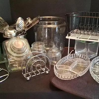 Glass Storage Jar & Kitchen Utility Collection with Metal Dish Rack