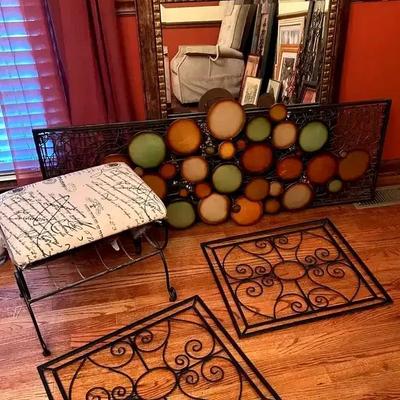 Metal Wall Art, Ornate Mirror & Scripted Stool Home Décor Collection