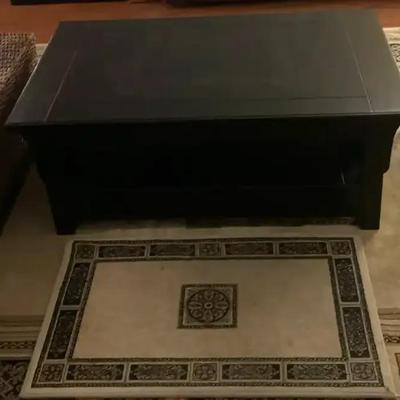 Black Lift-Top Coffee Table, End Table, Storage Chest & Chateau Collection Rugs
