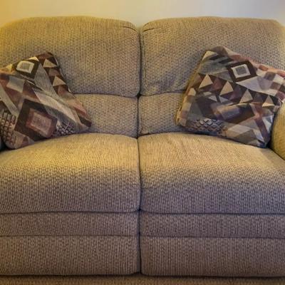Tan Chenille Dual Reclining Loveseat with Geometric Accent Pillows