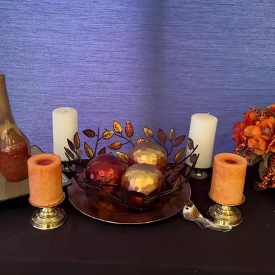 Autumn Ceramic Vase Set, Decorative Bowl with Glass Orbs & Accent Décor