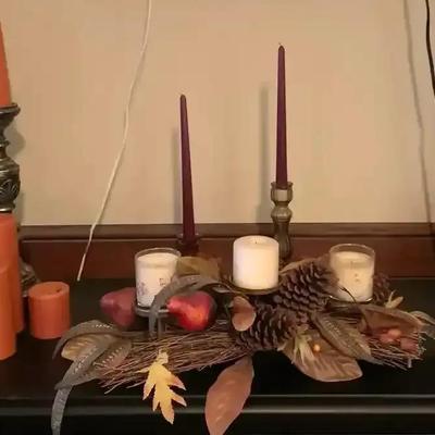 Decorative Candle Collection with Holders and Seasonal Centerpiece