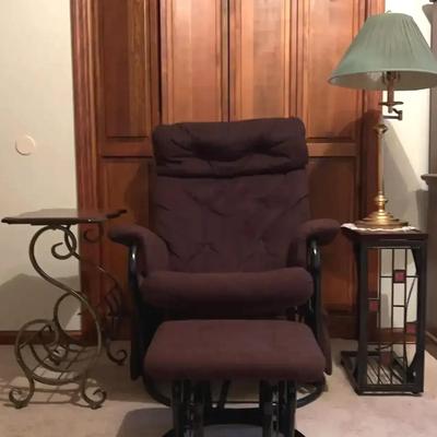 Brown Upholstered Glider Chair with Ottoman, Accent Tables & Lamp