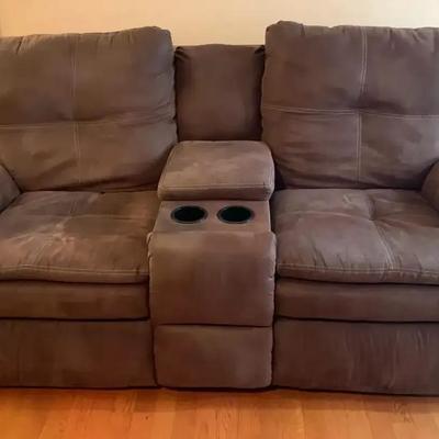 Brown Suede Reclining Sofa with Center Console