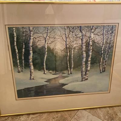 Owen Wexler Framed Winter Landscape Print – Birch Trees Along Creek