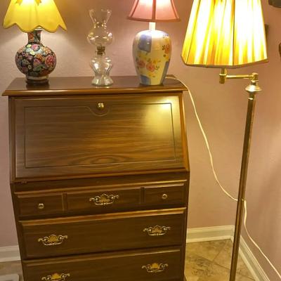 Brass Floor Lamp and Three Table Lamps Including Kerosene Style