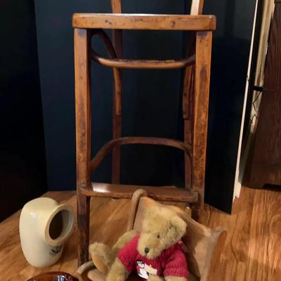 Vintage Wooden Stool, Toy Rocker, Salt Pig & Blenko Ashtray