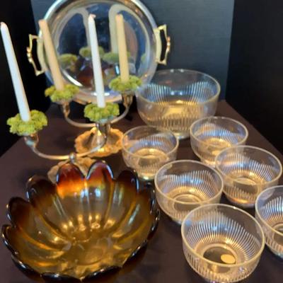 Amber Lotus Bowl, Landes Italy Glass Bowls & Silverplate Candleholders