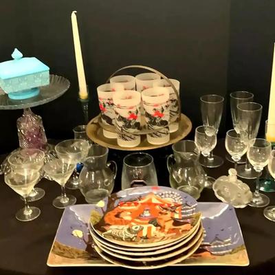 Pier 1 Decorative Plates, Mikasa Cordial Glasses, Westmoreland-Style Candy Dish & Elegant Glassware 