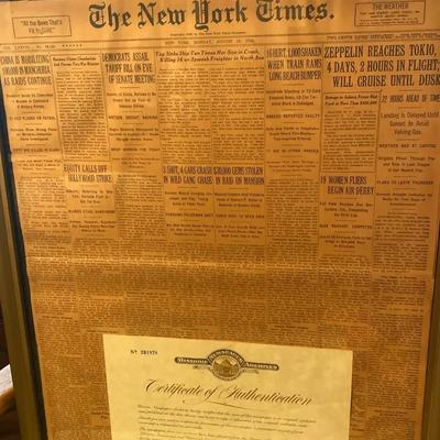 Framed Historic New York Times Newspaper with Certificate of Authenticity